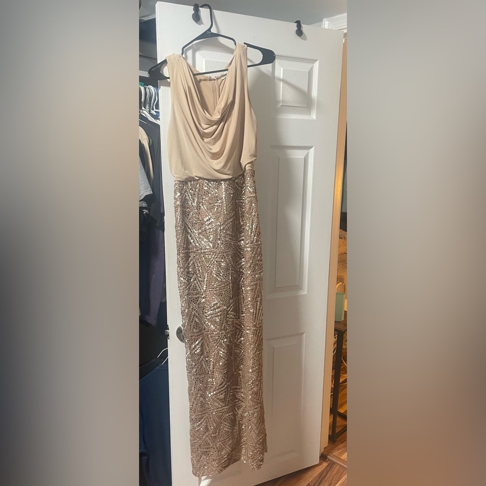 Calvin Klein Gold Sequin Cowl Neck Gown